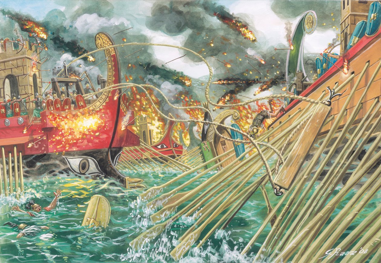 Antica Roma: la battaglia di Azio combattuta tra le forze di Ottaviano e le forze combinate di Marco Antonio e Cleopatra VII il 2 settembre 31 a.C. - Illustrazione di Giuseppe Rava da Giuseppe Rava