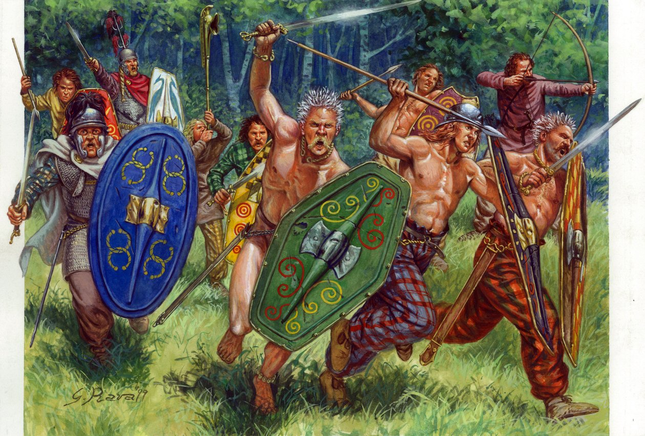 Antichità: carica dei guerrieri galli, uno a sinistra indossa una cotta di maglia - Illustrazione di Giuseppe Rava da Giuseppe Rava