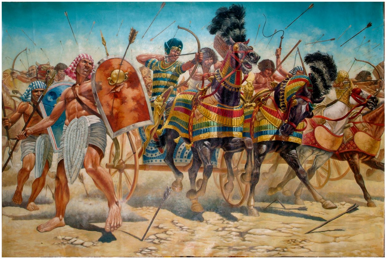 Antichità egizia: rappresentazione del faraone Ramses II (1304-1213 a.C.) con il suo esercito che guida i carri durante la Battaglia di Qadesh nel 1274 a.C. - Illustrazione di Giuseppe Rava da Giuseppe Rava