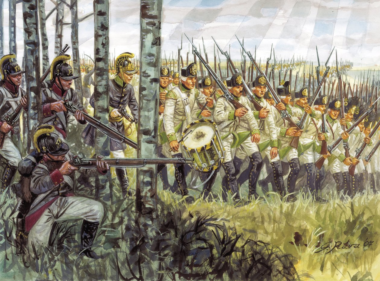Primo Impero: soldati della fanteria austriaca in avanzata intorno al 1798 - 1805 da Giuseppe Rava