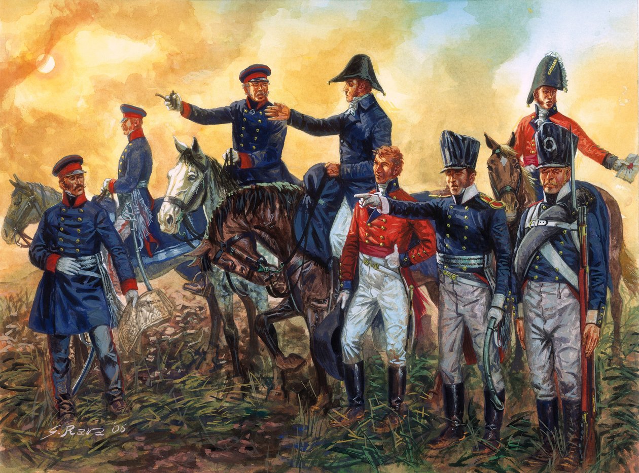 Guerra napoleonica: Arthur Wellesley, duca di Wellington (1769-1852) che comanda le truppe britanniche e Gebhard Leberecht von Blucher (1742-1819) che comanda l