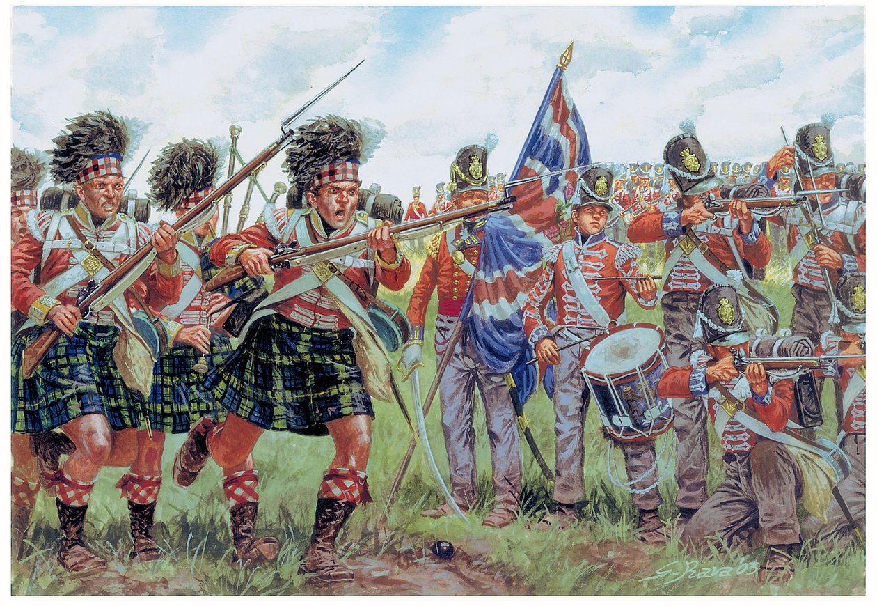 Guerre napoleoniche: soldati scozzesi e britannici alla battaglia di Waterloo il 18 giugno 1815 da Giuseppe Rava