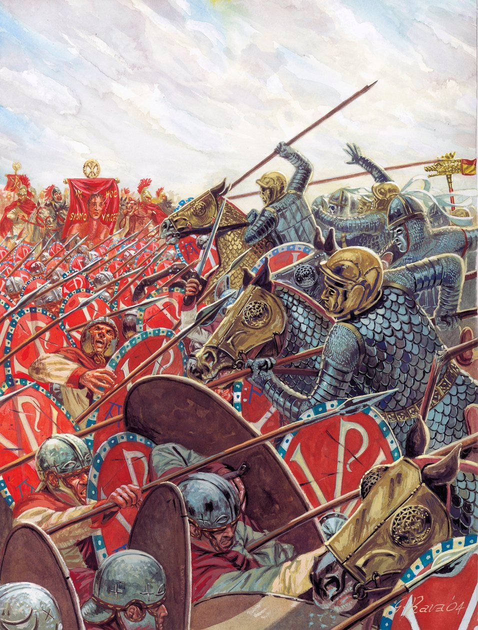 Antichità romana: Battaglia del Ponte Milvio il 28/10/312 tra Costantino e Massenzio vicino a Roma, Italia - Battaglia del Ponte Milvio tra gli imperatori romani Costantino I e Massenzio il 28 ottobre 312 vicino a Roma - Illustrazione di Giuseppe Rava da Giuseppe Rava
