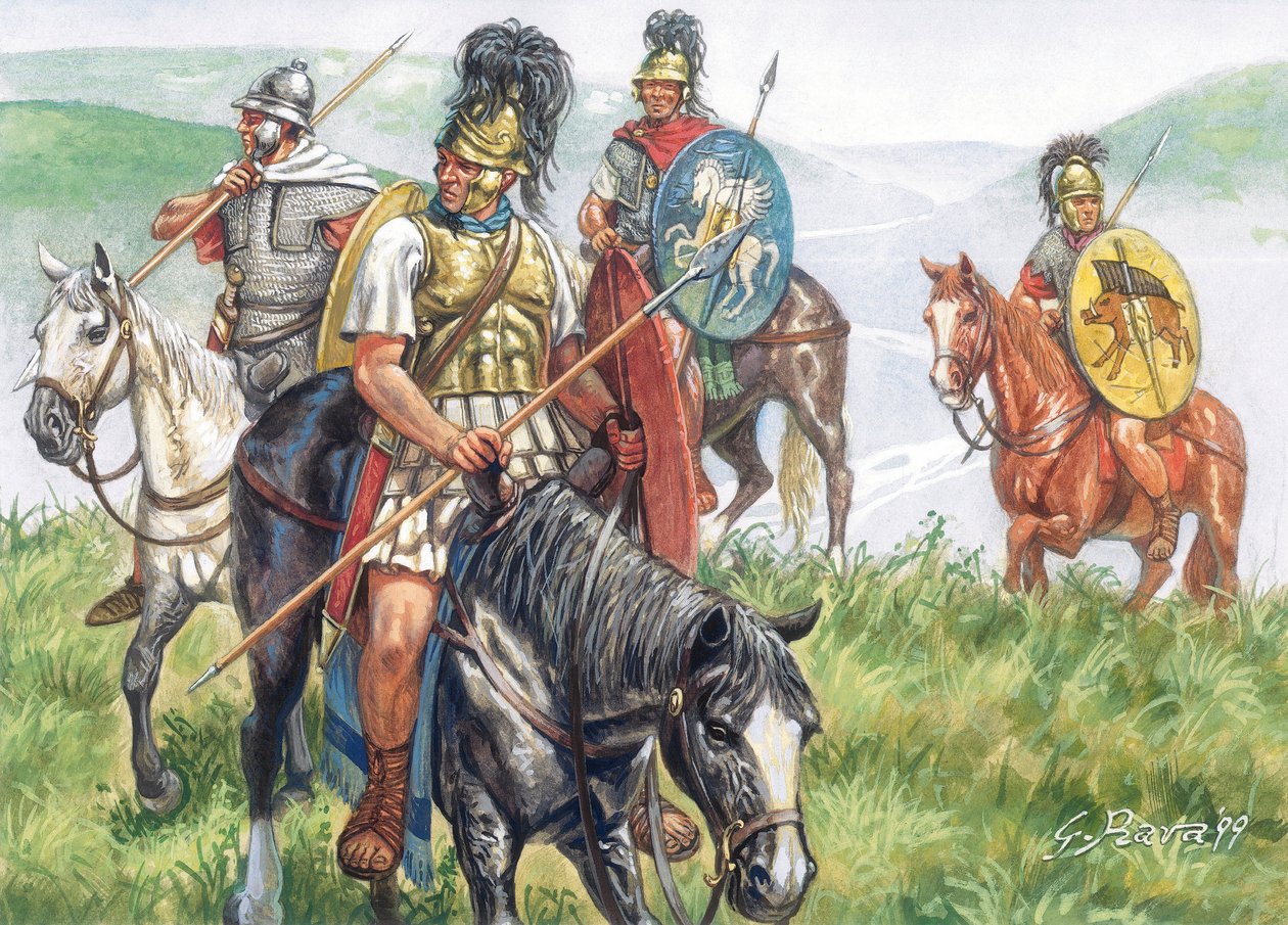 Antichità romana (Repubblica): un gruppo di cavalieri romani - Illustrazione di Giuseppe Rava da Giuseppe Rava
