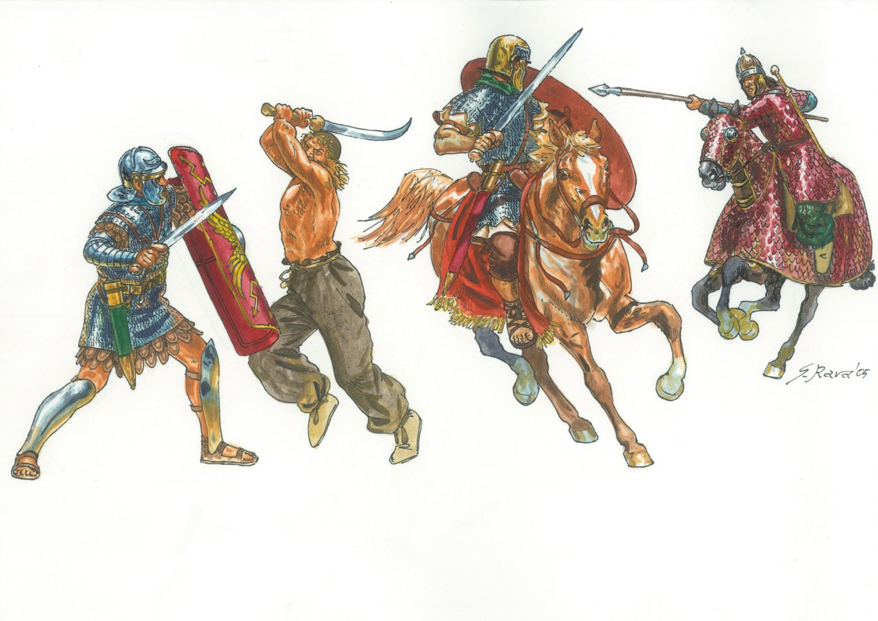 Legionario Romano che Combatte un Guerriero Dace e Cavaliere Romano contro un Cataphracte Sarmata da Giuseppe Rava