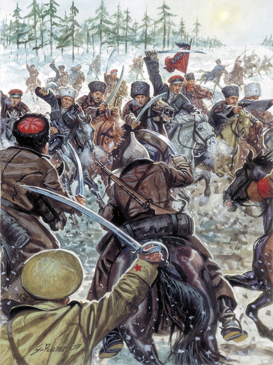 Guerra civile russa (1917-1923): soldati del Caucaso al fianco degli eserciti bianchi nel 1919 - Illustrazione di Giuseppe Rava da Giuseppe Rava