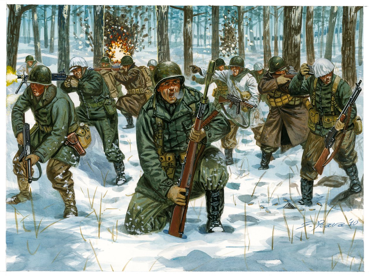 Seconda Guerra Mondiale: Offensiva della fanteria americana durante la Battaglia delle Ardenne a Bastogne, dicembre 1944 da Giuseppe Rava