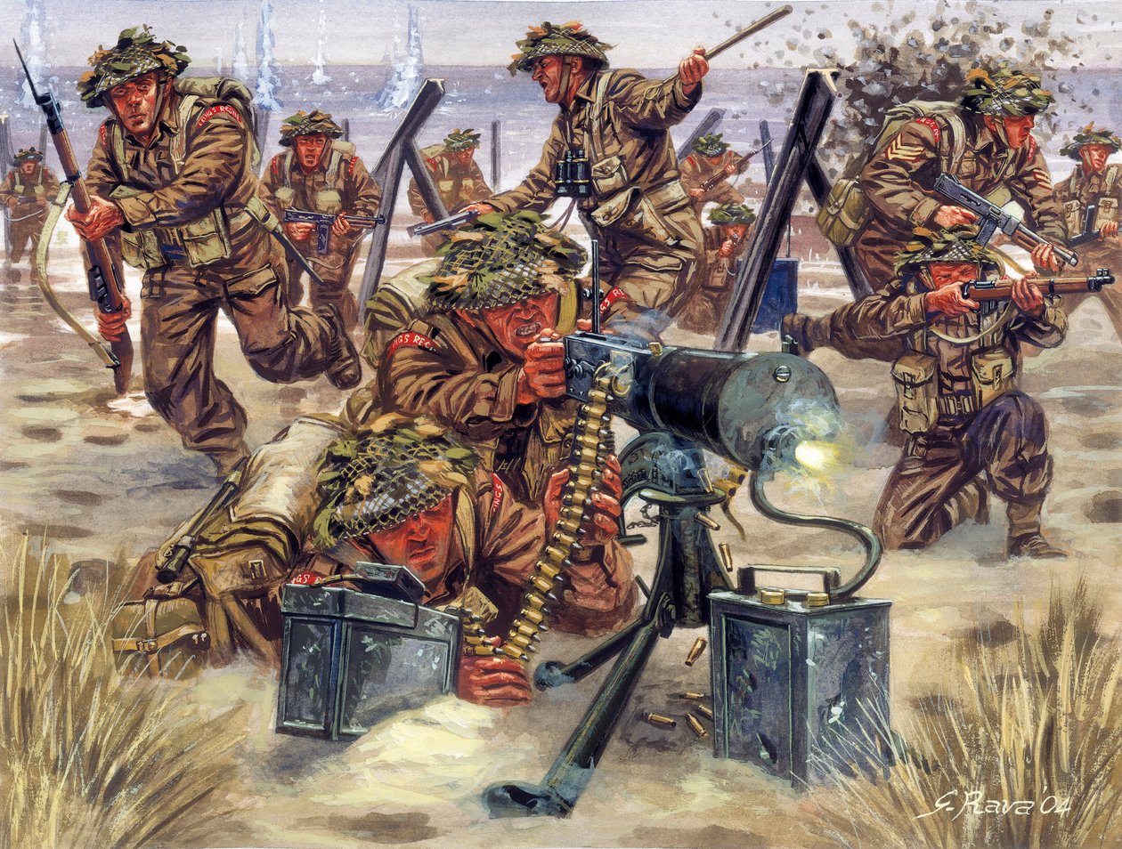 Seconda Guerra Mondiale: Sbarco in Normandia nel giugno 1944, soldati inglesi - WWII: sbarco in Normandia, le truppe britanniche, 6 giugno 1944 - Illustrazione di Giuseppe Rava da Giuseppe Rava