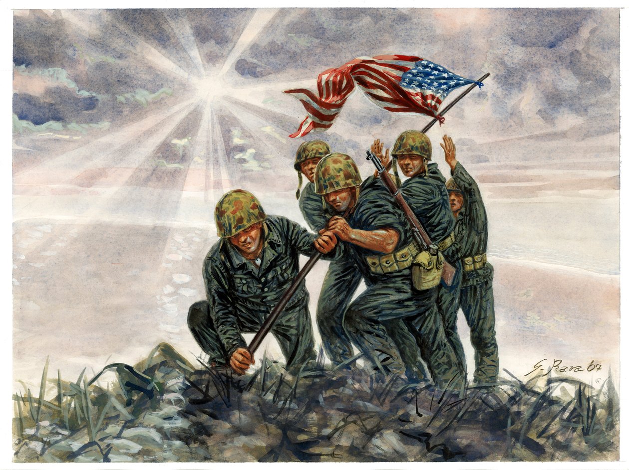 Seconda Guerra Mondiale, Guerra del Pacifico: Battaglia di Iwo Jima, vittoria dei Marines americani nel febbraio 1945 - WWII, Guerra del Pacifico: Battaglia di Iwo Jima (Operazione Detachment), i Marines americani issano la bandiera americana, febbraio 194 da Giuseppe Rava