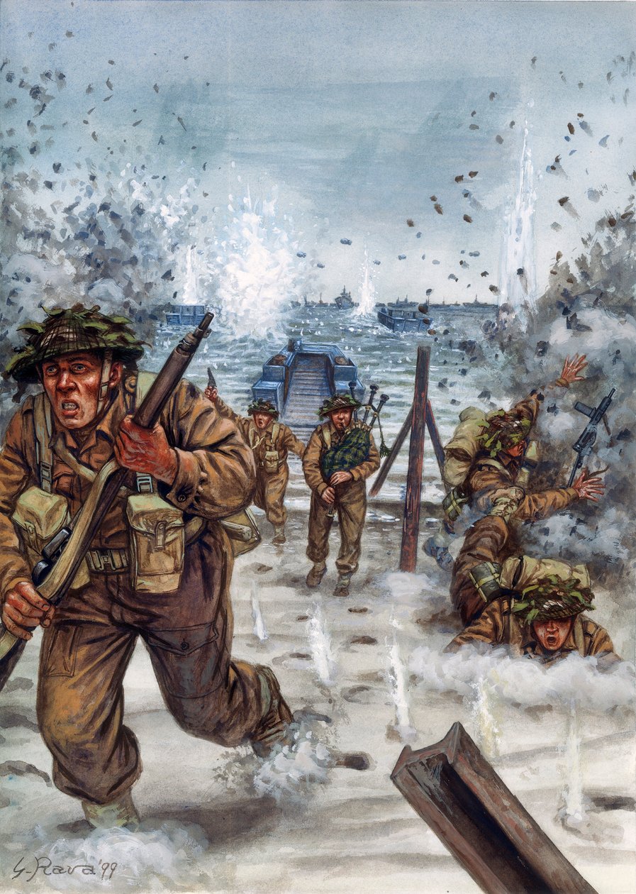 Seconda Guerra Mondiale: Soldati scozzesi durante lo sbarco in Normandia 6/06/1944 da Giuseppe Rava