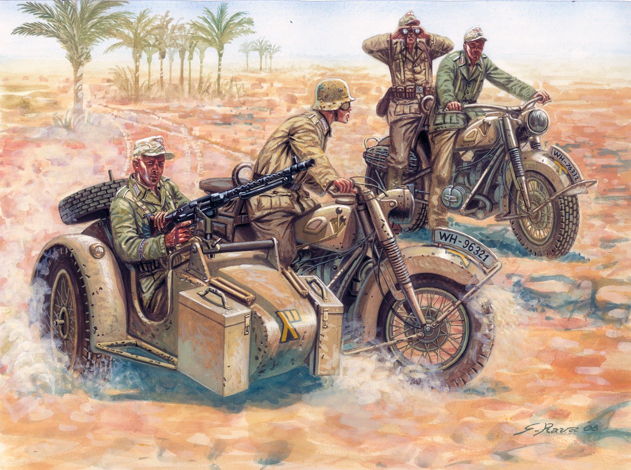 Seconda Guerra Mondiale: il Deutsches Afrikakorps (DAK Afrika Korps) che avanza nel deserto libico su sidecar BMW da Giuseppe Rava