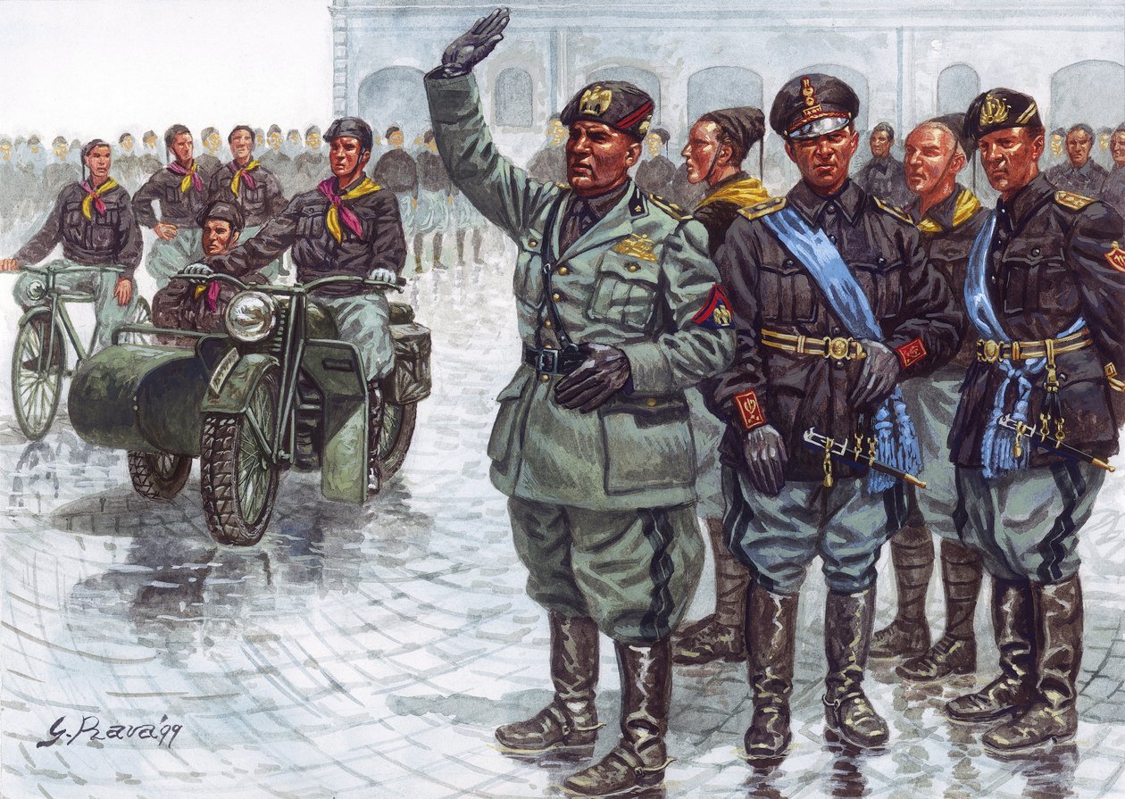 Il Duce Benito Mussolini (1883-1945), accompagnato dalle sue Camicie Nere, fa il saluto fascista durante una parata militare - Benito Mussolini e le Camicie Nere durante una parata militare - Illustrazione di Giuseppe Rava da Giuseppe Rava