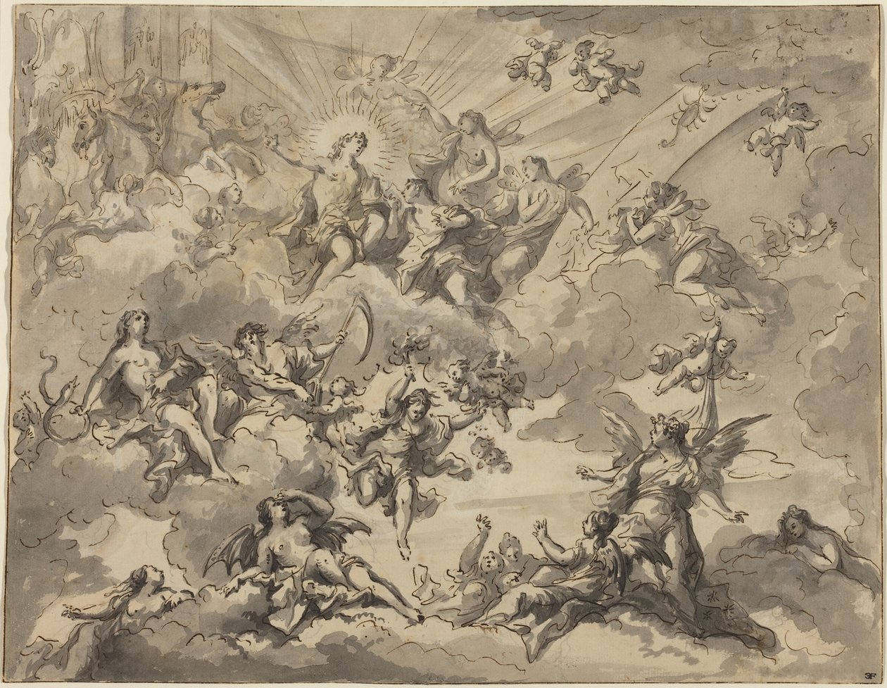 Apollo e le Muse (penna e inchiostro nero con lavaggio grigio su grafite su carta vergata) da Giuseppe Valeriani