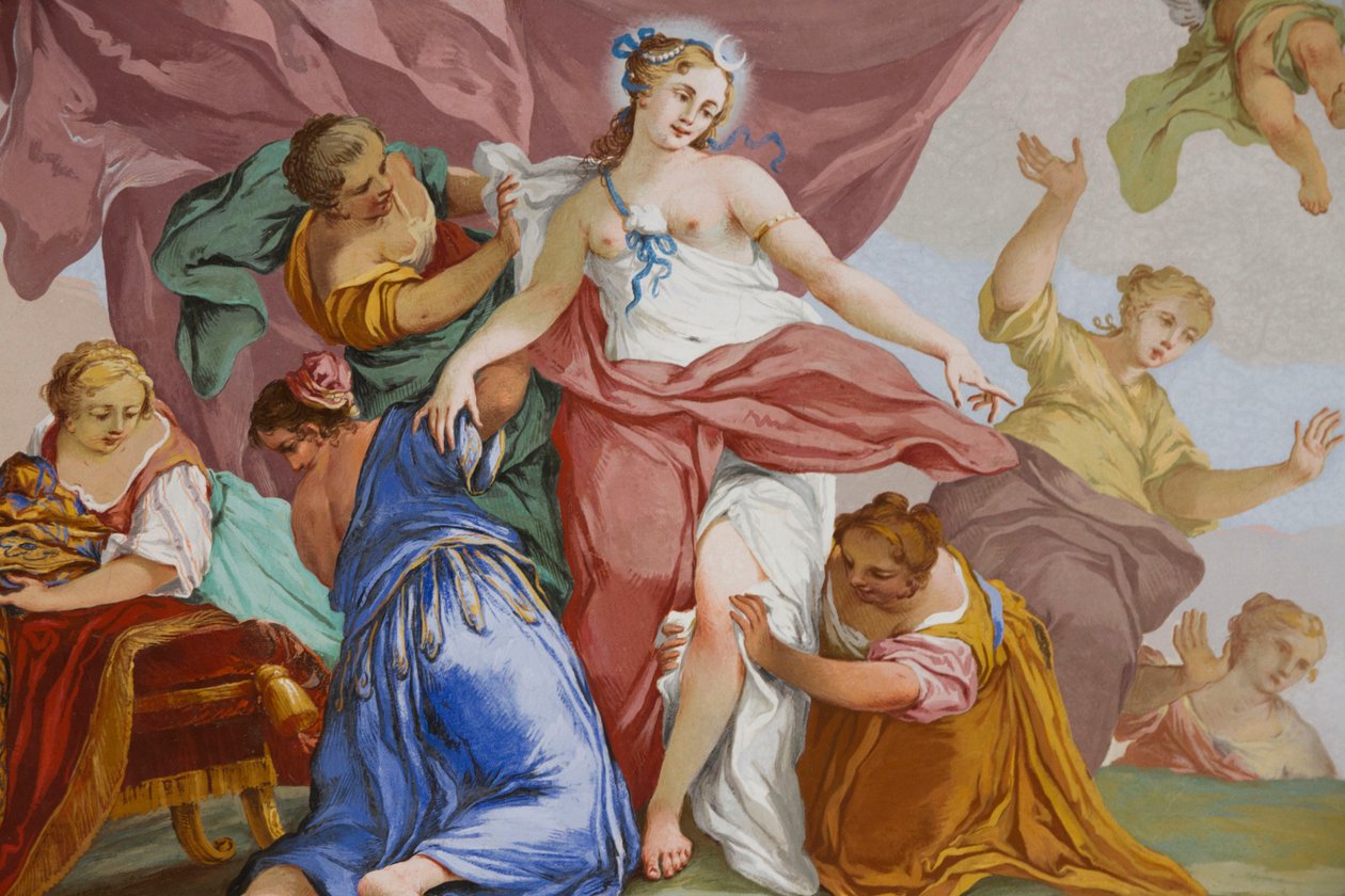 Rappresentazioni del mito di Diana, di Domenico e Giuseppe Valeriani, affresco, soffitto a volta della camera da letto, appartamento del re, residenza di caccia, di Filippo Juvarra (1678-1736), Stupinigi, Piemonte, Italia da Giuseppe and Valeriani Domenico Valeriani