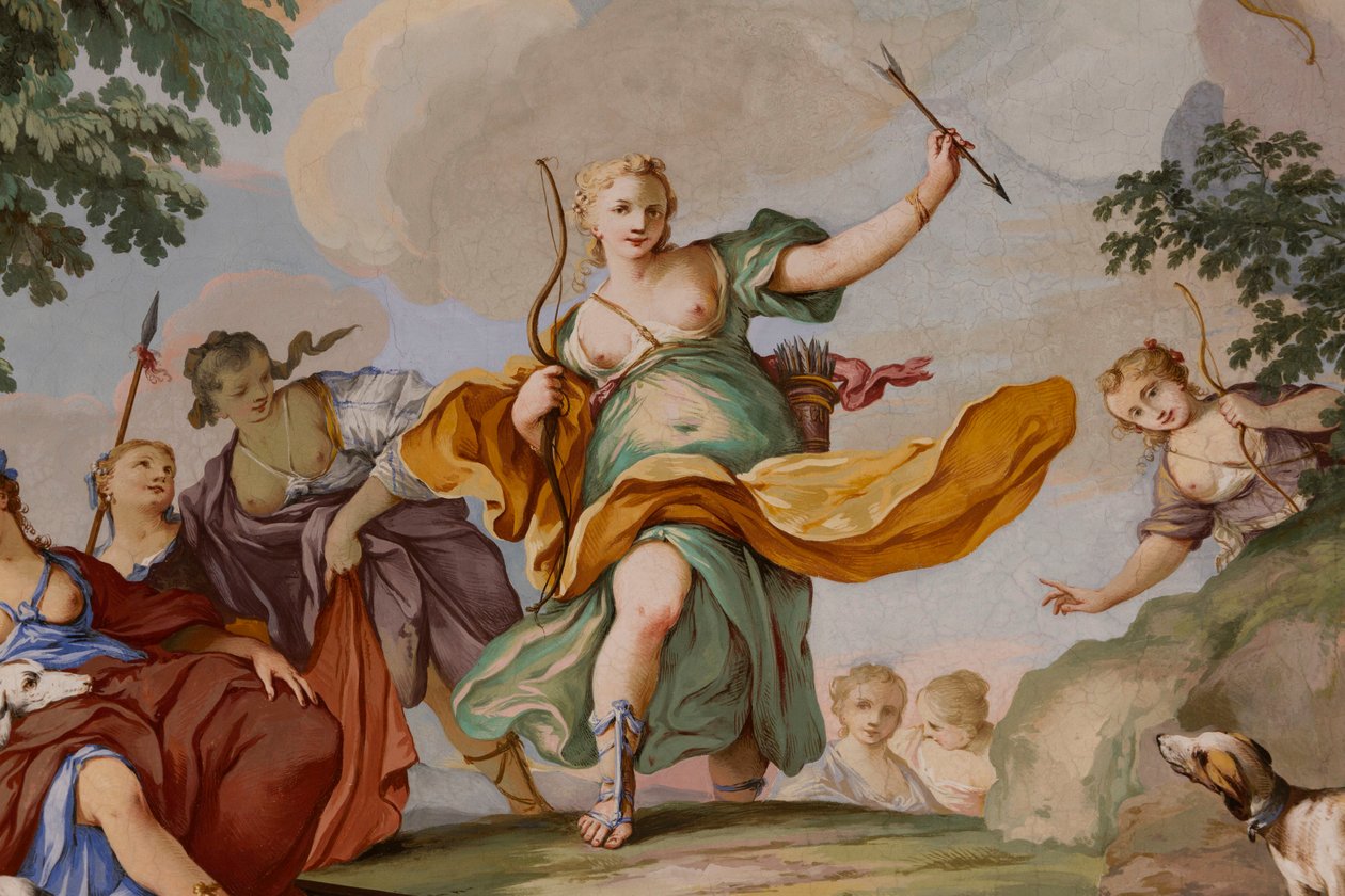 Rappresentazioni del mito di Diana, di Domenico e Giuseppe Valeriani, affresco, soffitto a volta della camera da letto, appartamento del Re, residenza di caccia, di Filippo Juvarra, Stupinigi, Piemonte, Italia da Giuseppe and Valeriani Domenico Valeriani