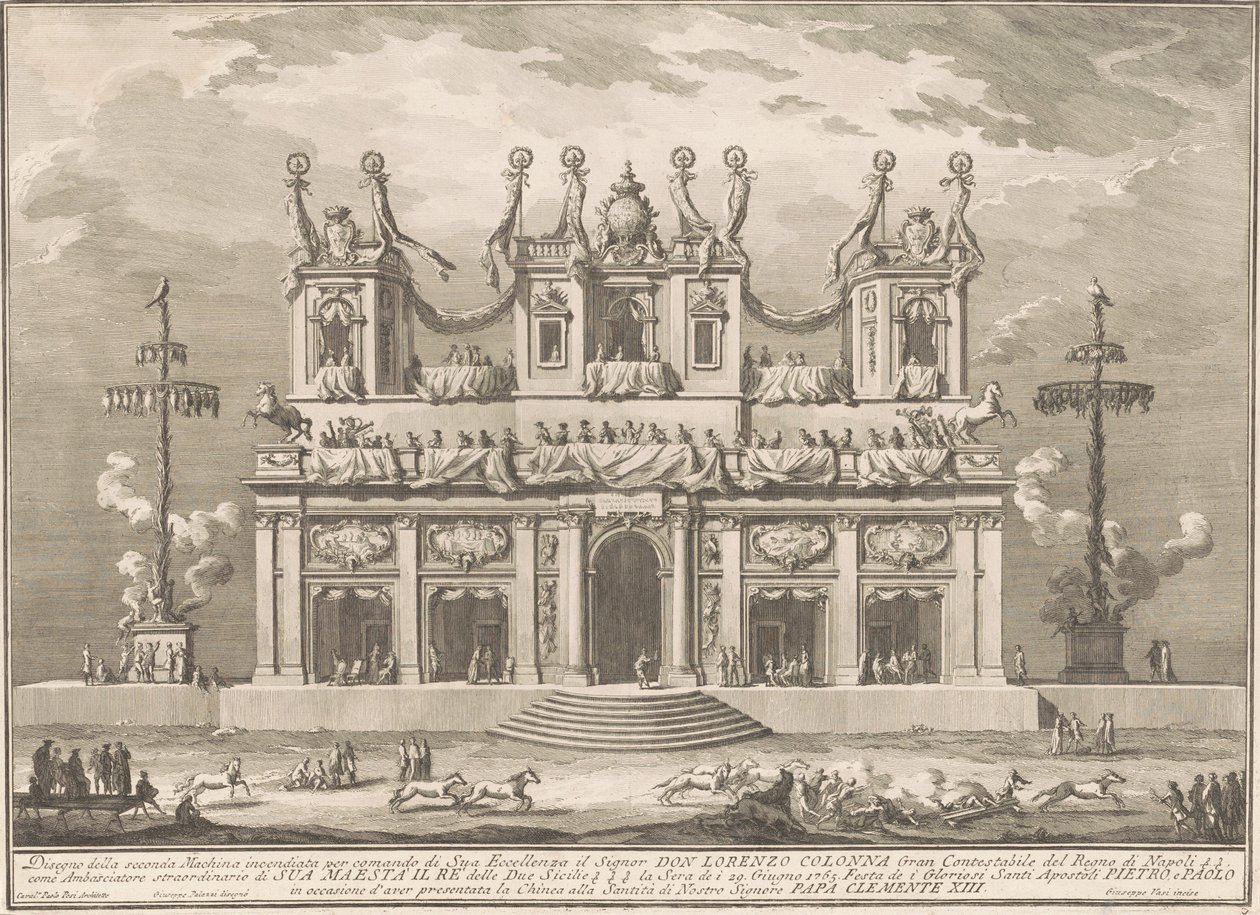 La seconda macchina per la Chinea del 1765: un edificio decorato con pali di cuccagna da Giuseppe Vasi, after Giuseppe Palazzi, after Paolo Posi