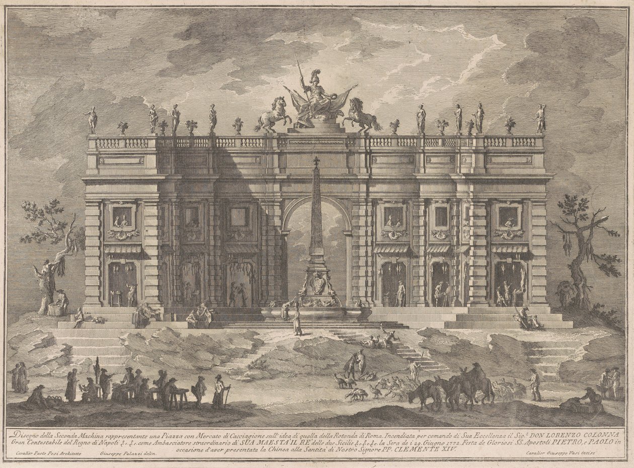 La Seconda Macchina per la Chinea del 1772: Una Piazza con un Mercato del Gioco e la Fontana del Pantheon da Giuseppe Vasi, after Giuseppe Palazzi, after Paolo Posi
