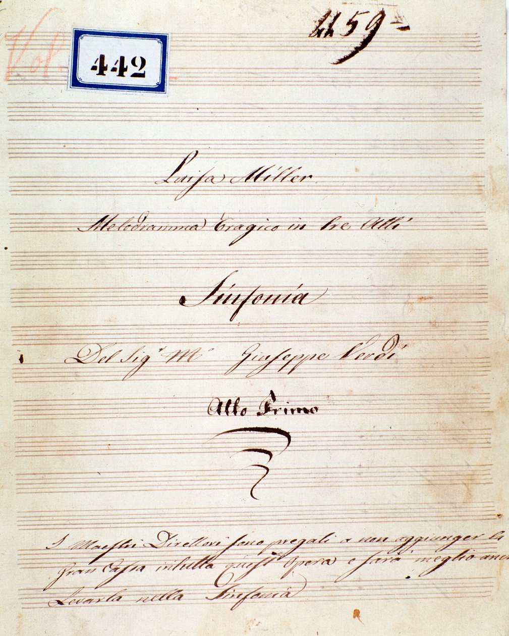 Prima pagina della partitura musicale della sinfonia di Luisa Miller, opera di Giuseppe Verdi da Giuseppe Verdi