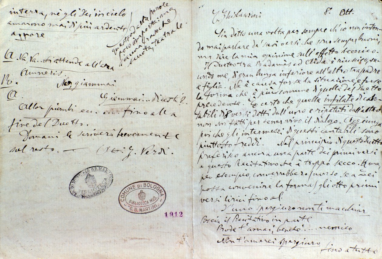 Lettera manoscritta di Giuseppe Verdi all