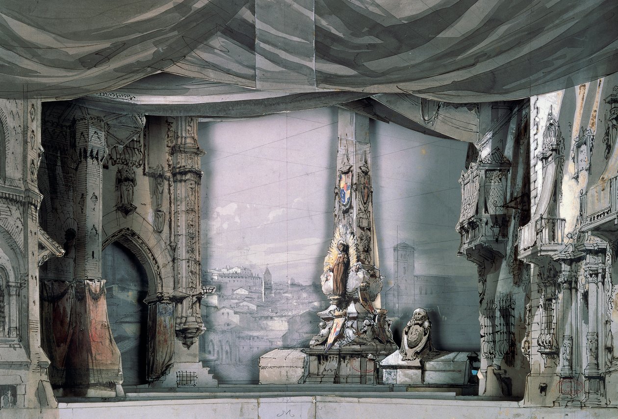 Piazza davanti alla Cattedrale di Valladolid, Atto III, Scena IV, scenografia di Charles Campon per Don Carlos di Giuseppe Verdi, rappresentazione a Parigi, Salle Le Peletier, 11 marzo da Giuseppe Verdi