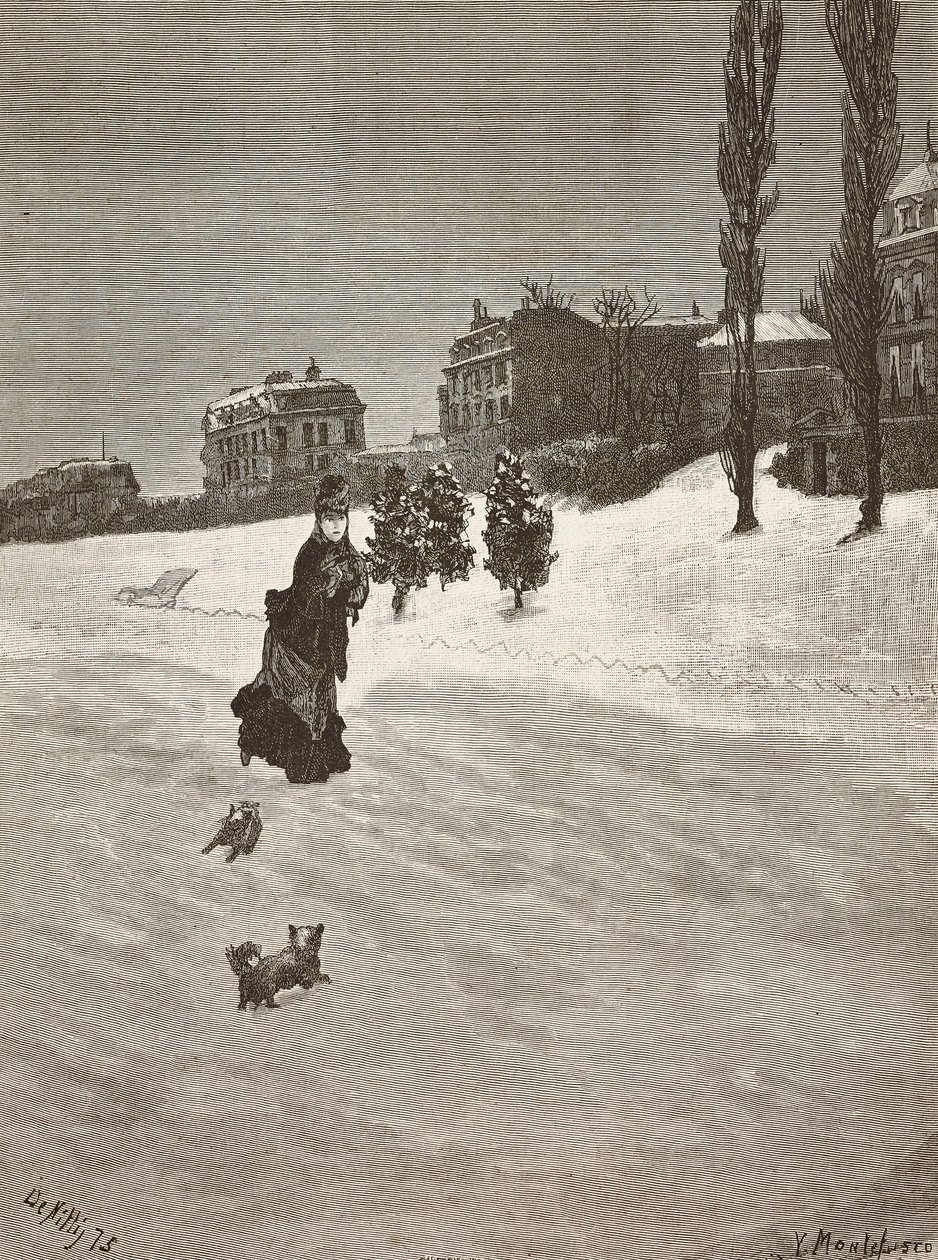 Fa freddo!, donna che cammina nella neve, incisione da un dipinto di Giuseppe De Nittis, disegno di Montefusco, L