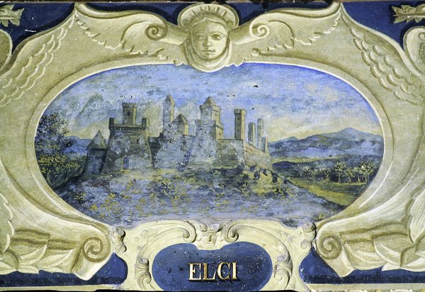 Elci, da una serie di cartigli che raffigurano immagini delle residenze di proprietà del Conte Pannochieschi d