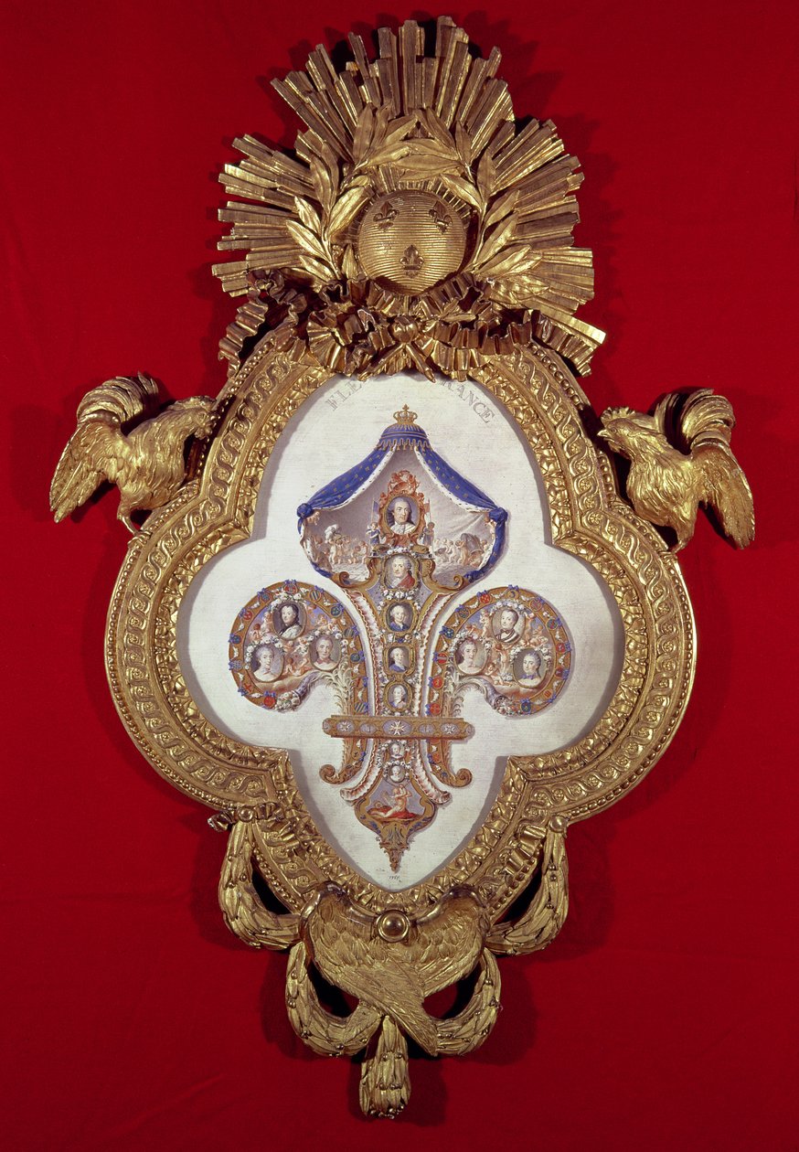 Il fiore di Francia, albero genealogico con tredici ritratti di Luigi XV (1710-74) e dei suoi discendenti in una cornice a forma di giglio, 1765 (oro e smalto) da Glokeur de Surchamps