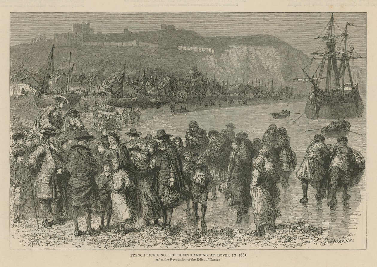 Gli ugonotti in Inghilterra: I rifugiati ugonotti francesi sbarcano a Dover nel 1685 (incisione) da Godefroy Durand