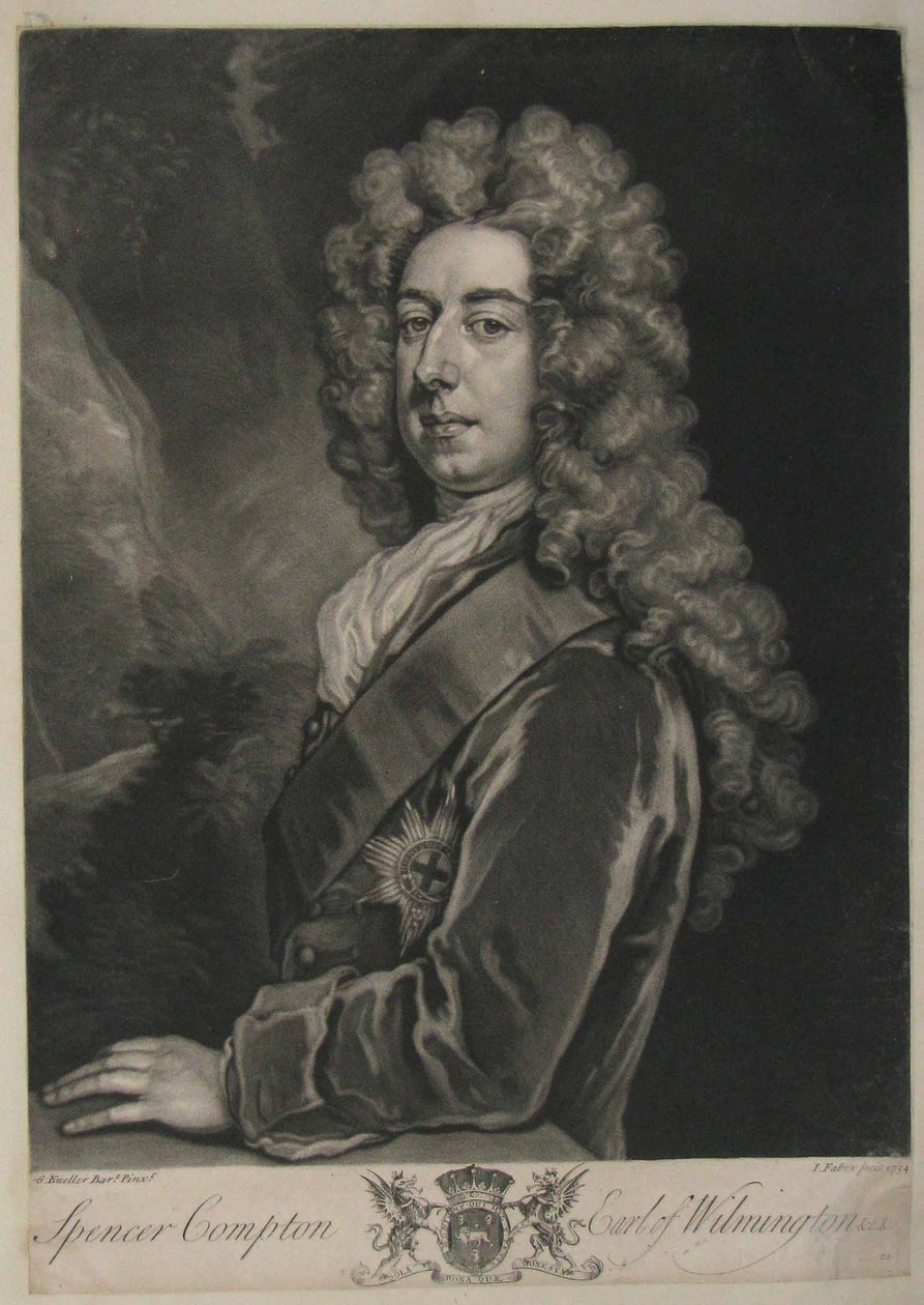 Spencer Compton, conte di Wilmington, stampa di John Faber, 1734 (mezzotinto) da Godfrey Kneller