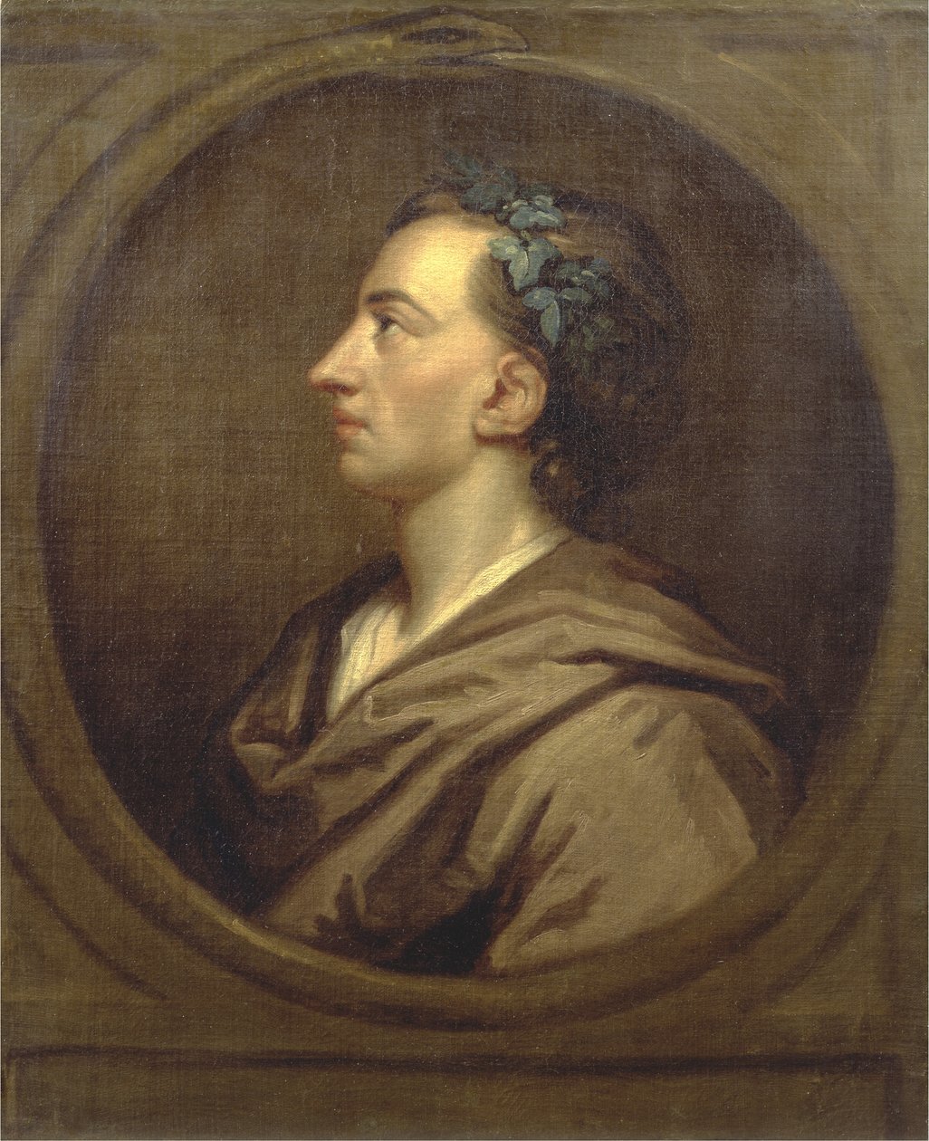 Alexander Pope (1688-1744) Profilo, coronato con edera da Godfrey (studio of) Kneller