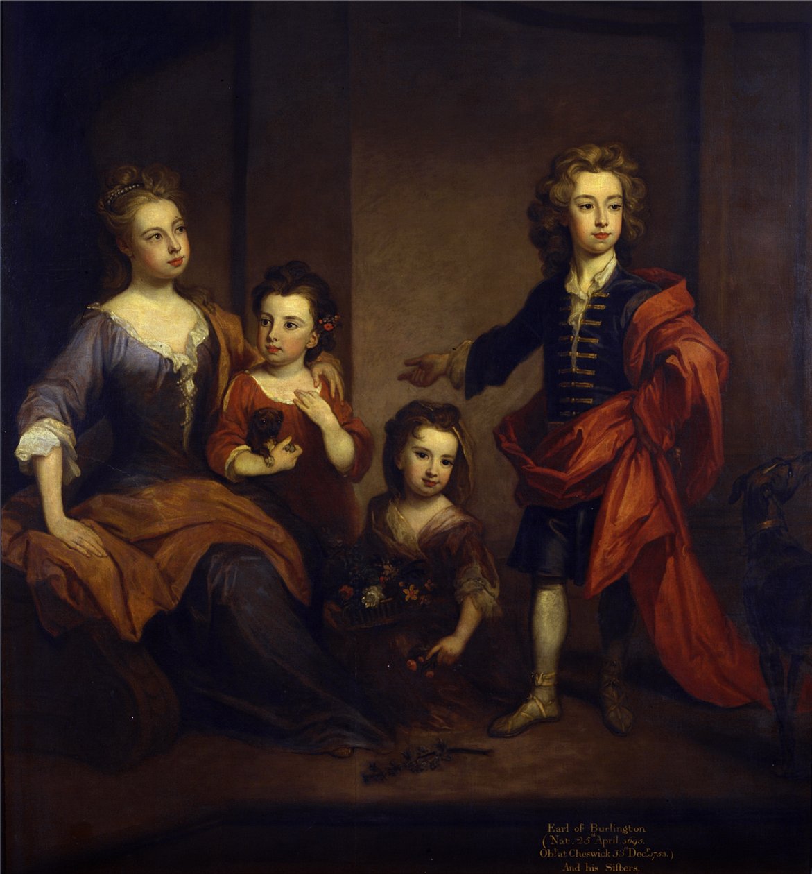 Ritratto di Richard Boyle, 3° Conte di Burlington, con le sue tre sorelle, Elizabeth, Juliana e Jane Boyle, c.1700 da Godfrey Kneller