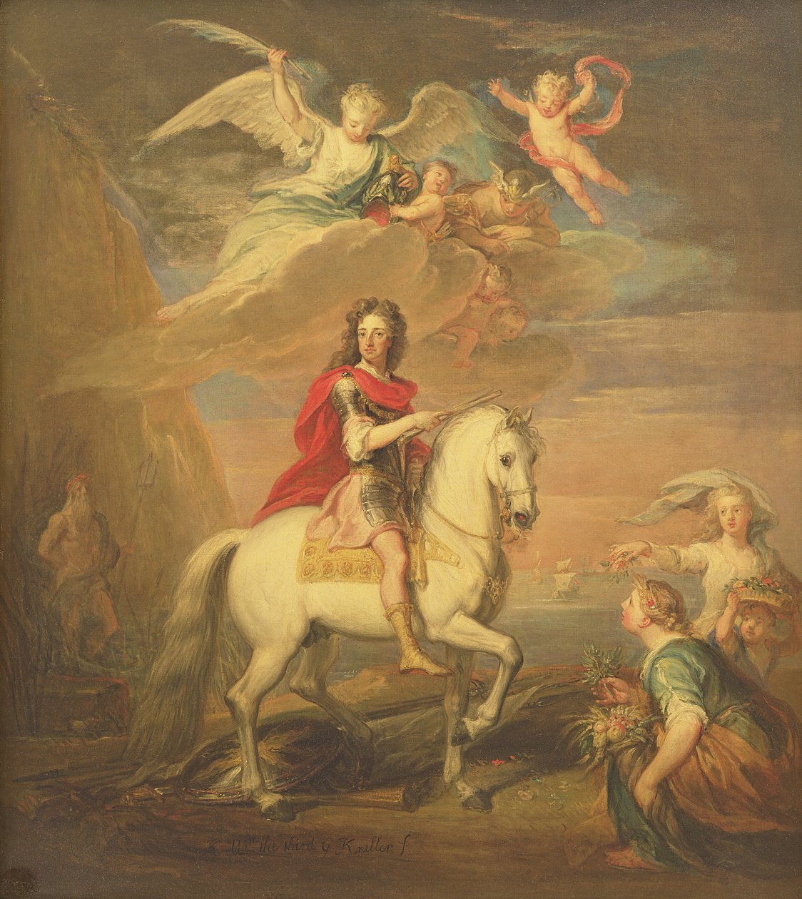Guglielmo III su un cavallo grigio osservato da Nettuno, Cerere e Flora. Mercurio nel cielo e Astrea da Godfrey Kneller