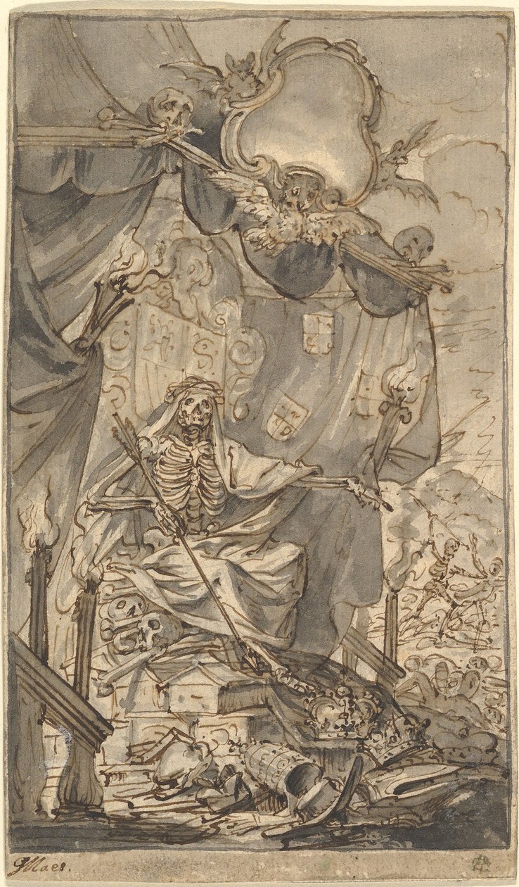 Morte su un trono con baldacchino, disegno per una pagina del titolo da Godfried Maes