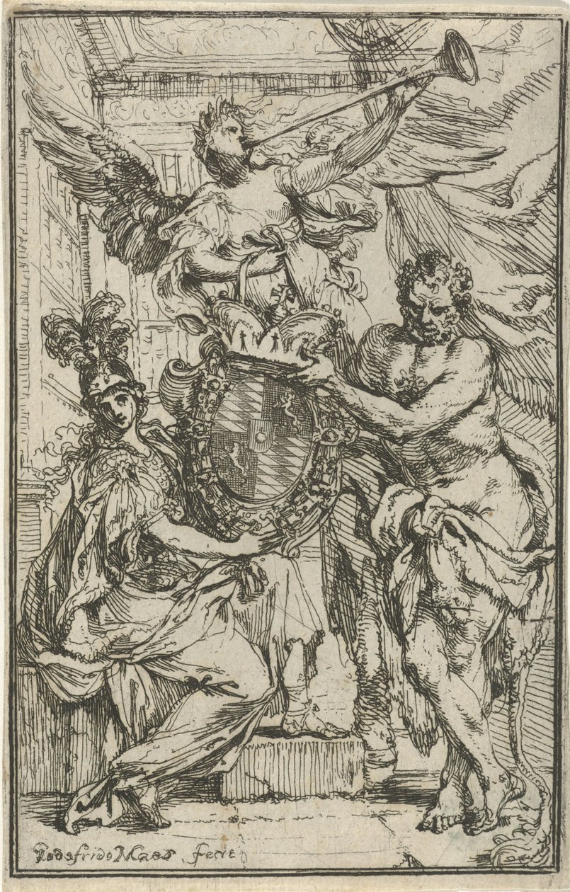 Minerva, Ercole e Fama con scudo araldico da Godfried Maes