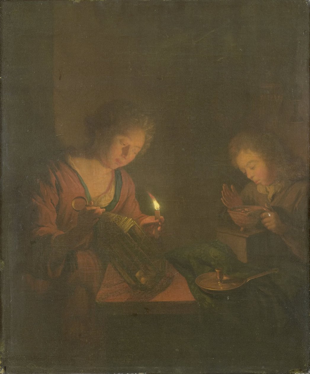 Fuoco e Luce (Una Ragazza Pone una Candela in una Lanterna e un Ragazzo Soffia sui Carboni in un Braciere) da Godfried Schalcken (attributed to)