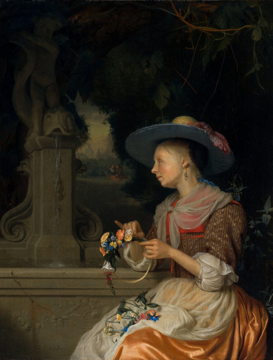 Donna che intreccia una corona di fiori, c. 1675-1680 da Godfried Schalcken