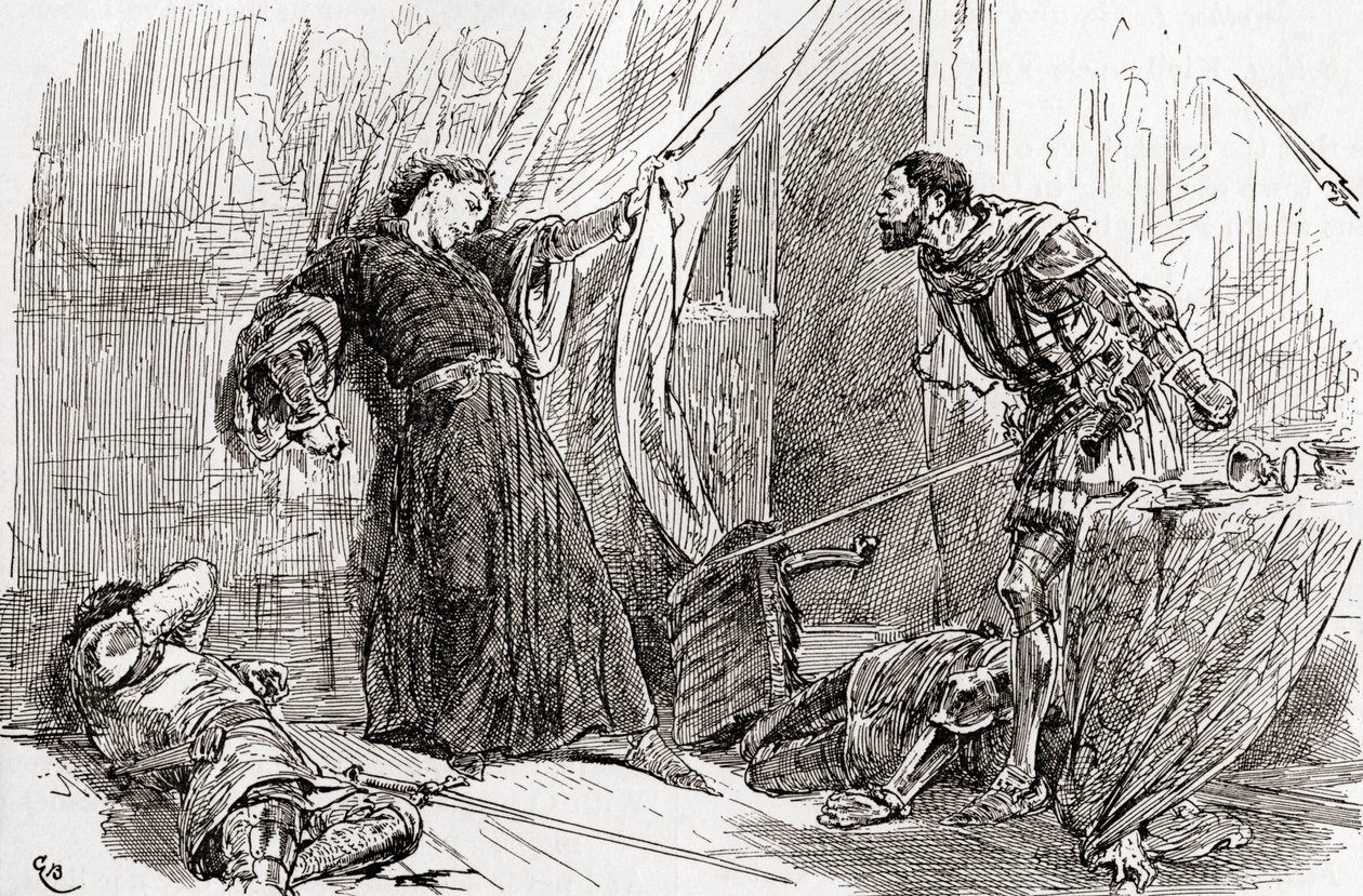 Una scena dal Riccardo II di William Shakespeare, Atto V, Scena 5, Re Riccardo: Exton, la tua mano feroce ha macchiato di sangue reale la terra del re, da Le Opere di William Shakespeare, pubblicato nel 1896 da Gordon Frederick Browne
