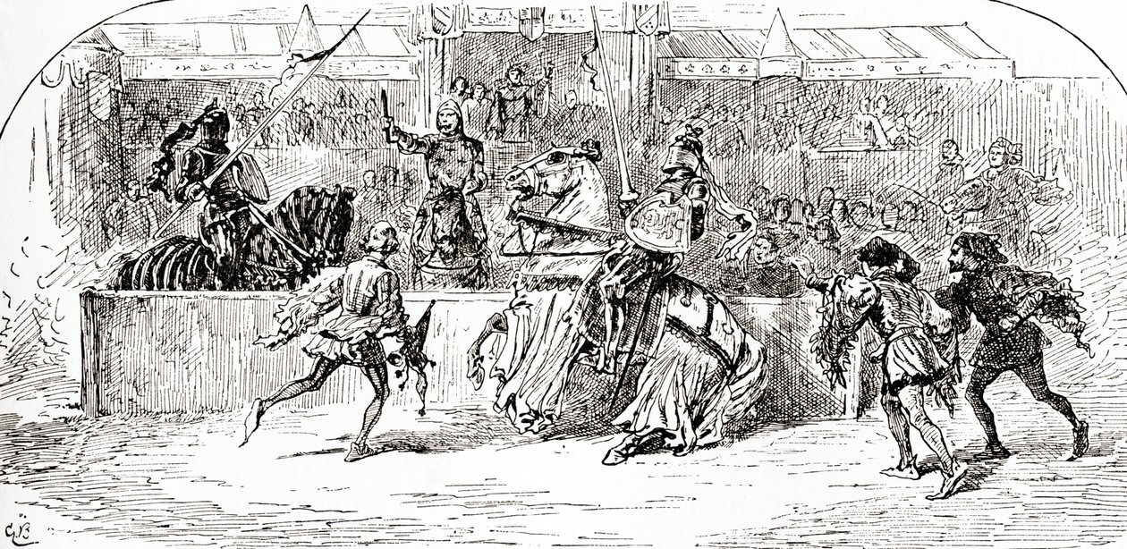 Una scena dal Riccardo II di William Shakespeare, Atto I, Scena 3, Mar: Fermati, fermati, il re ha gettato il suo bastone, da Le Opere di William Shakespeare, pubblicato nel 1896 da Gordon Frederick Browne