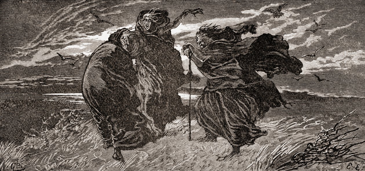 Una scena dal Macbeth di William Shakespeare, Atto I, Scena I, Prima Strega: Quando ci incontreremo di nuovo, nel tuono, nel lampo o nella pioggia?, da Le Opere di William Shakespeare, pubblicato nel 1896 da Gordon Frederick Browne