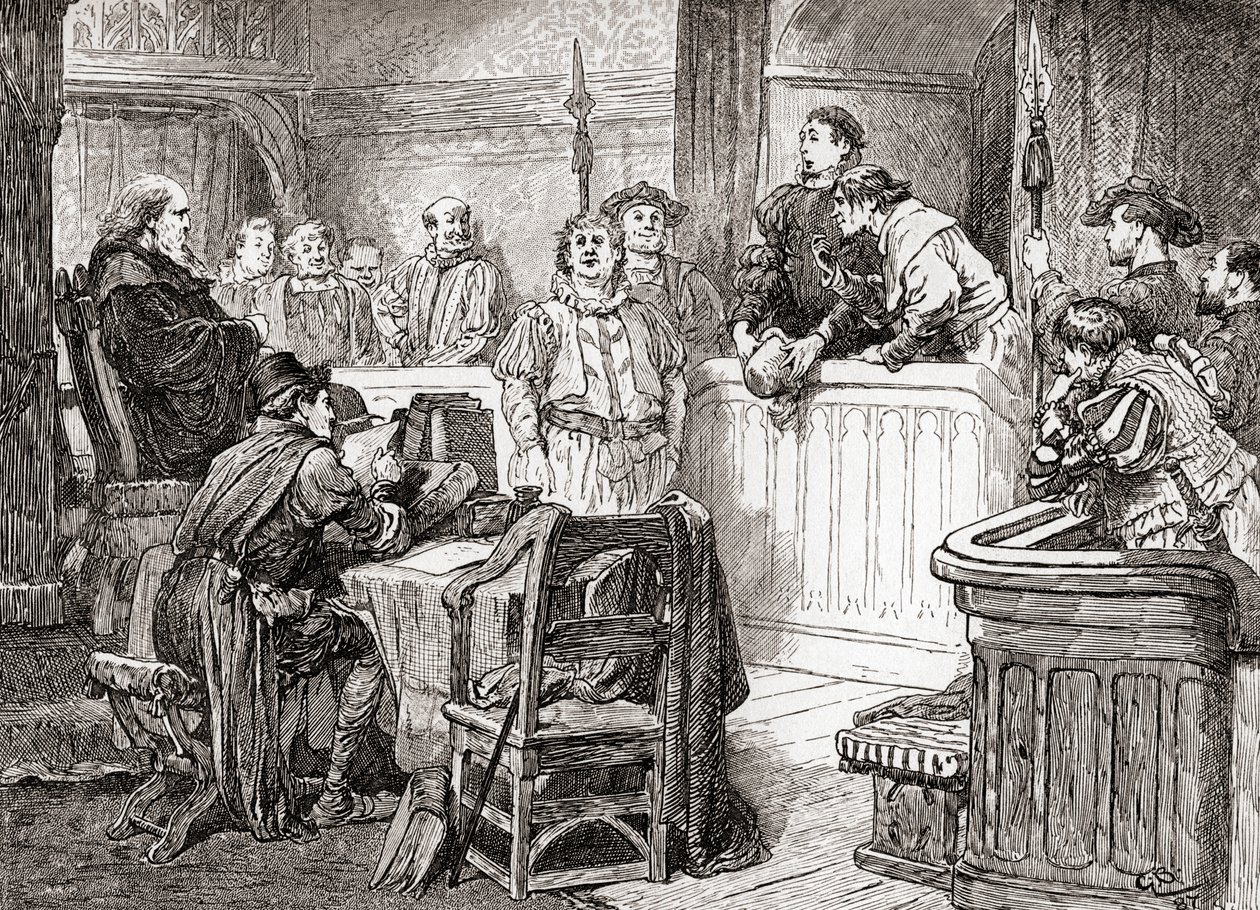 Una scena dal Misura per Misura di William Shakespeare, Atto II, Scena 1, Pompeo Bum: Vostra onore vede qualche danno nel suo volto?, da Le Opere di William Shakespeare, pubblicato nel 1896 da Gordon Frederick Browne