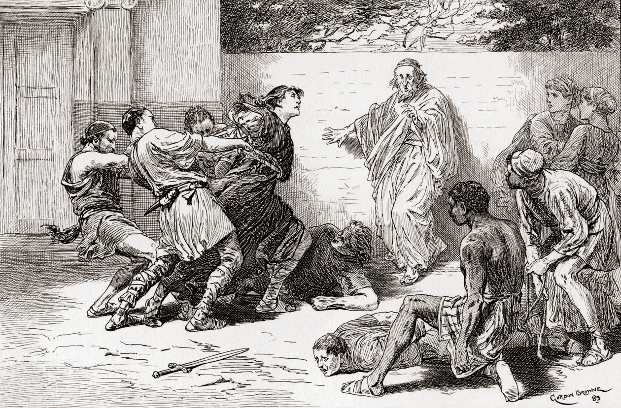 Una scena dalla commedia di William Shakespeare La commedia degli errori, Atto V, Scena 4, Adriana: O, legatelo, legatelo, non lasciatelo avvicinare a me. Pinch: Più compagnia, il demone è forte in lui, da The Wor da Gordon Frederick Browne
