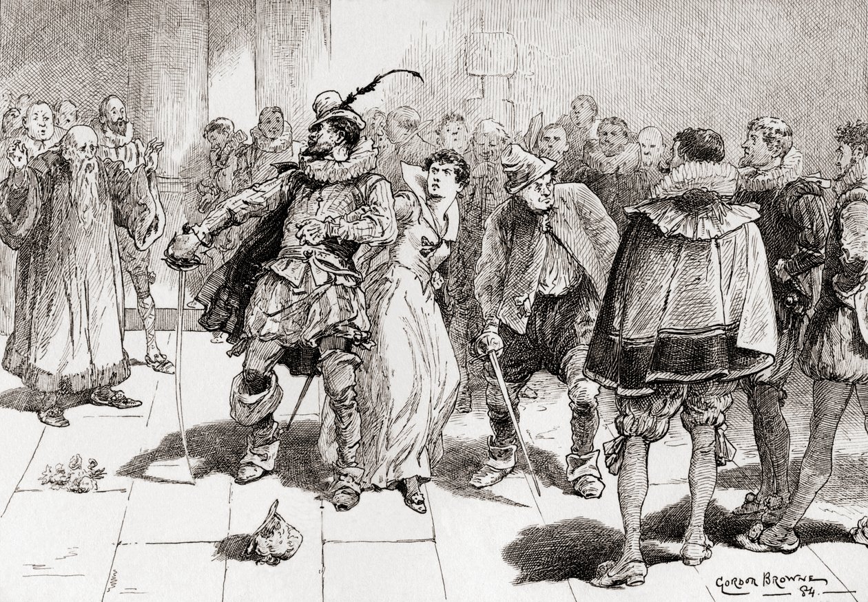 Petruchio: Non temere, dolce fanciulla, non ti toccheranno Kate, ti proteggerò contro un milione, Scena dal La bisbetica domata di William Shakespeare, Atto III, Scena 2, da Le Opere di William Shakespeare, pubblicato nel 1896 da Gordon Frederick Browne