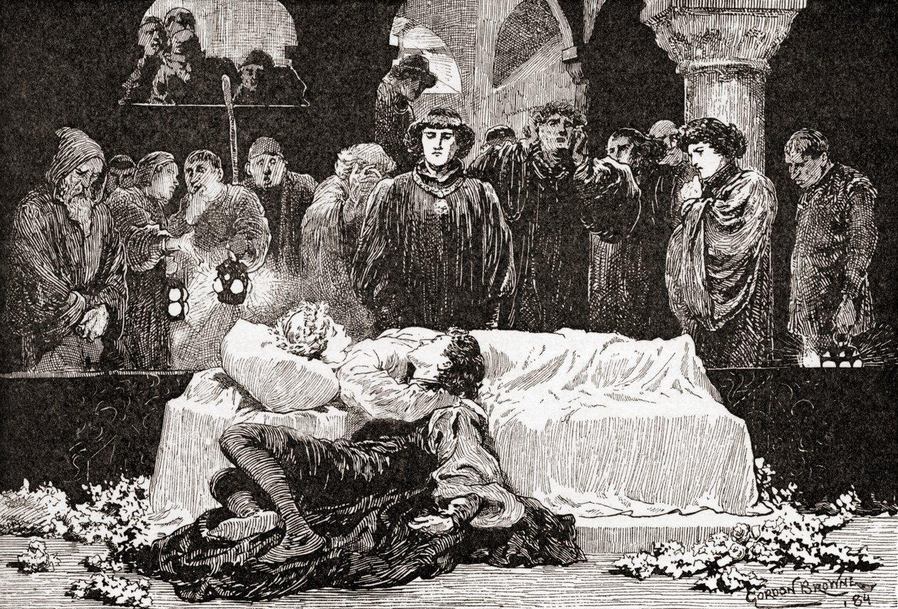 Principe: Mai storia fu più triste di questa di Giulietta e del suo Romeo, Una scena dal Romeo e Giulietta di William Shakespeare, Atto V, Scena 3, da Le Opere di William Shakespeare, pubblicato nel 1896 da Gordon Frederick Browne