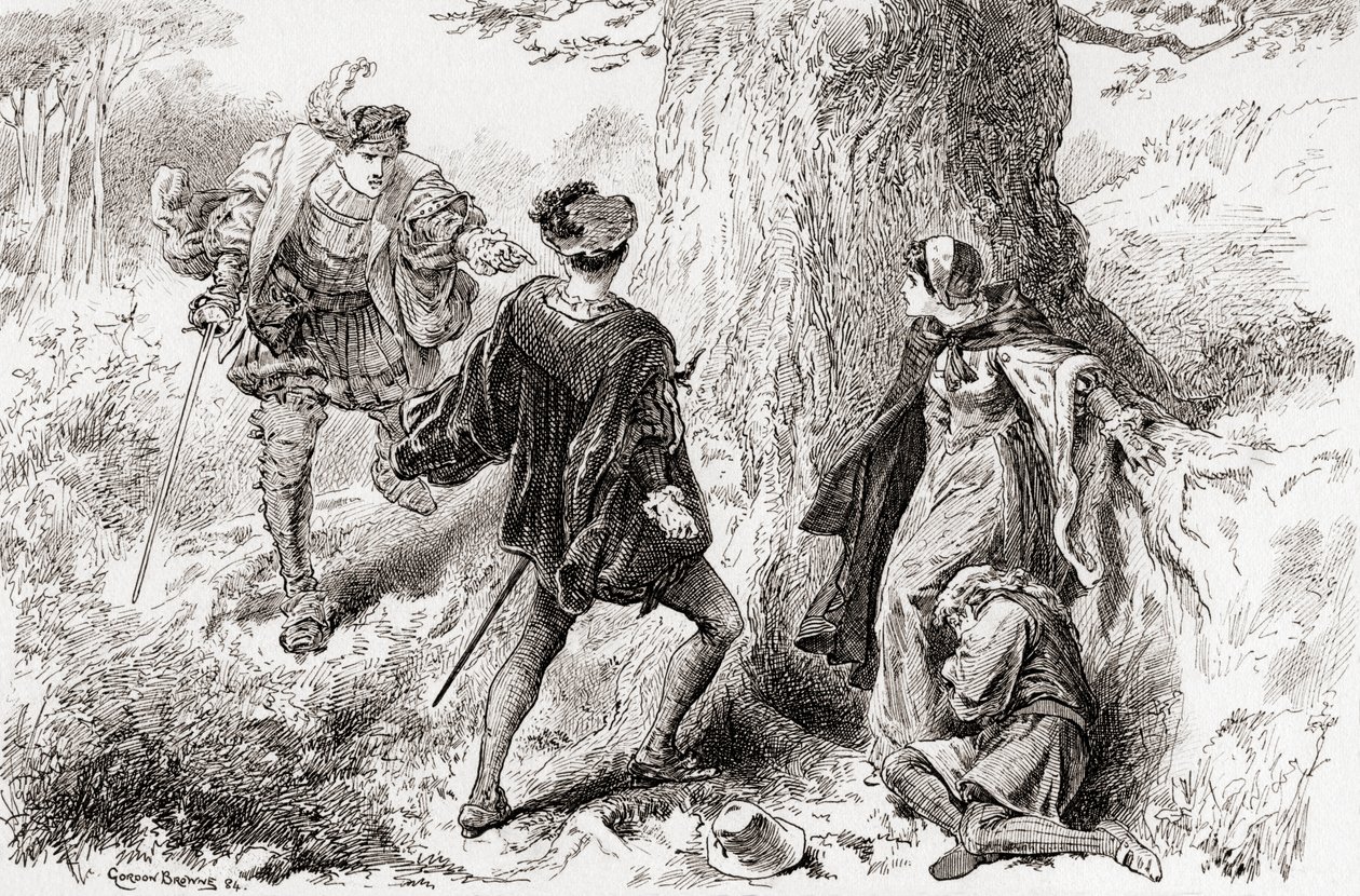 Valentino: Rude, lascia quel tocco incivile, Una scena dal I due gentiluomini di Verona di Shakespeare, Atto V, Scena 4, da Le Opere di William Shakespeare, pubblicato nel 1896 da Gordon Frederick Browne