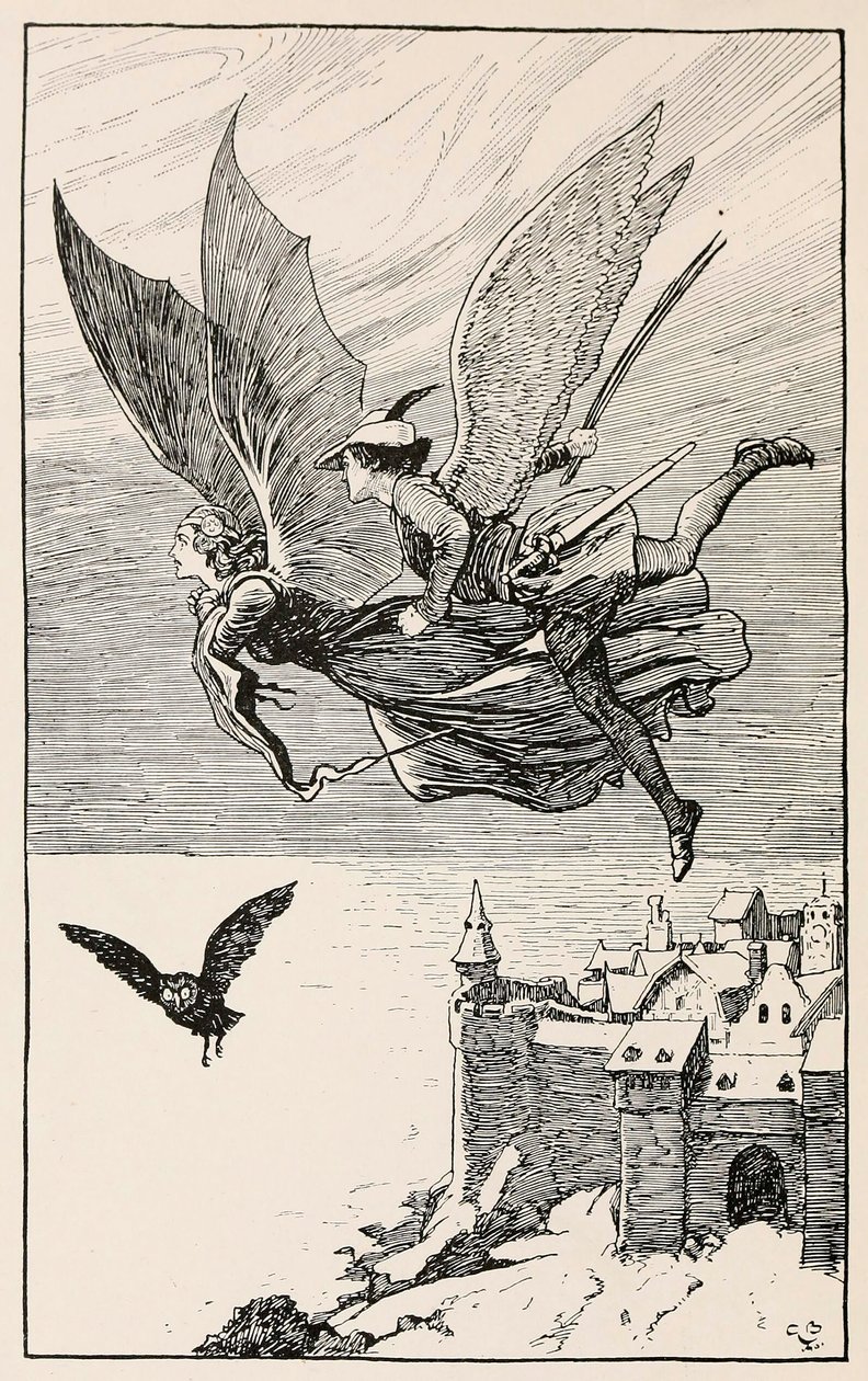 Il compagno di viaggio volò dietro di lei, da Fiabe di Hans Anderson, pub. 1919 da Gordon Browne