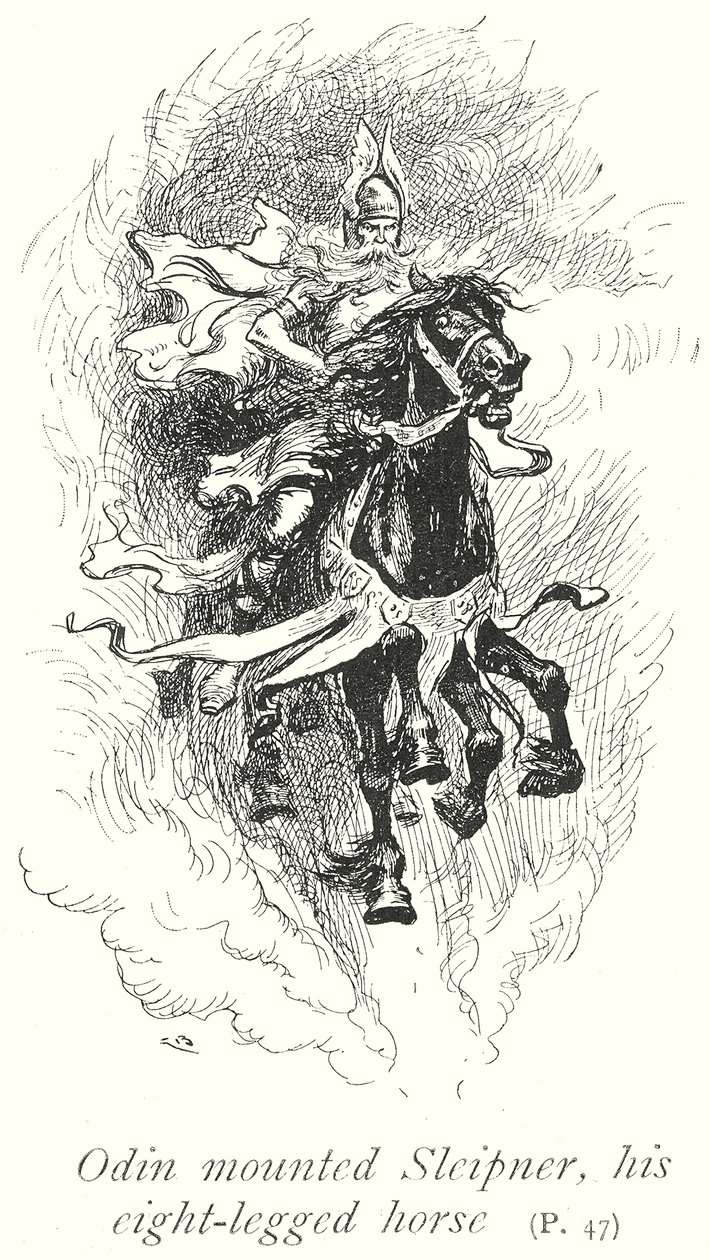 Odino in sella a Sleipner, il suo cavallo a otto zampe (litografia) da Gordon Frederick (after) Browne