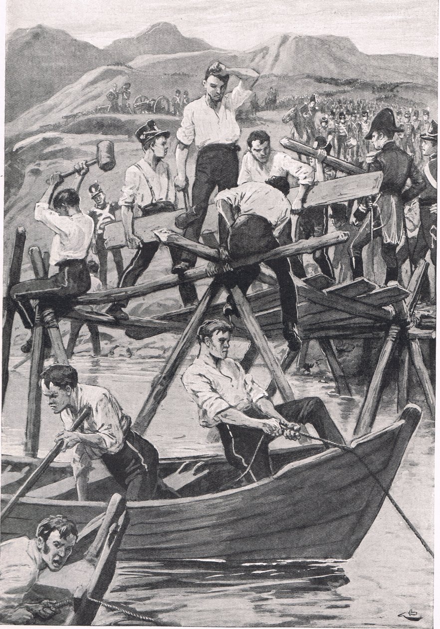 La costruzione del ponte sul Guadiana, 3 aprile 1811, illustrazione da 