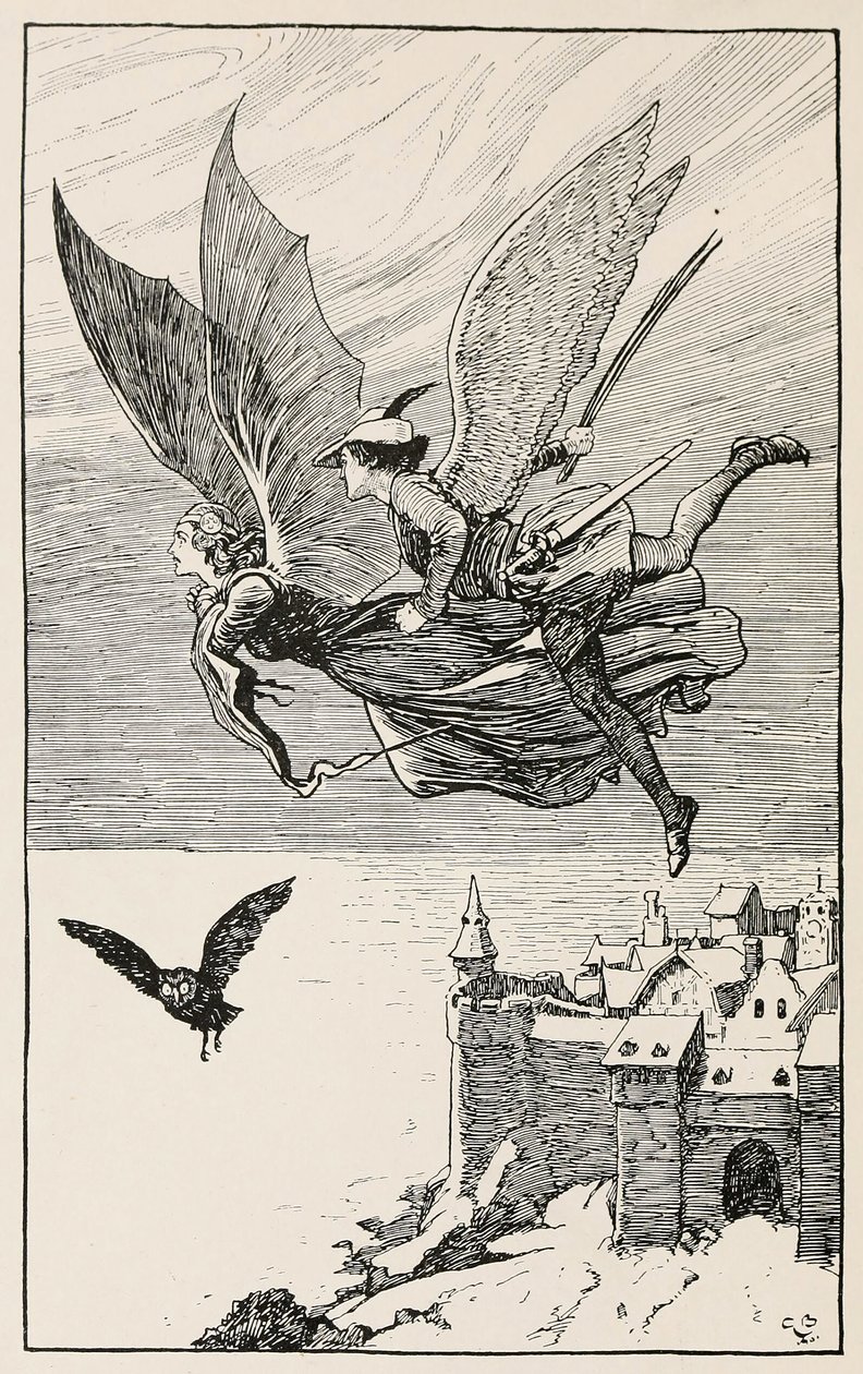 Il compagno di viaggio volò dietro di lei, da Fiabe di Hans Anderson, pub. 1919 (incisione) da Gordon Frederick Browne