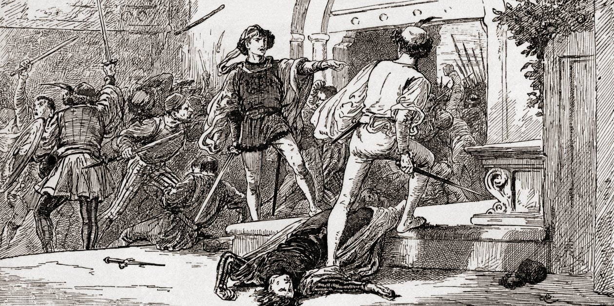 Tebaldo ucciso da Romeo, scena dal Romeo e Giulietta di William Shakespeare, Atto III, Scena 1, da Le Opere di William Shakespeare, pubblicato nel 1896 da Gordon Frederick Browne