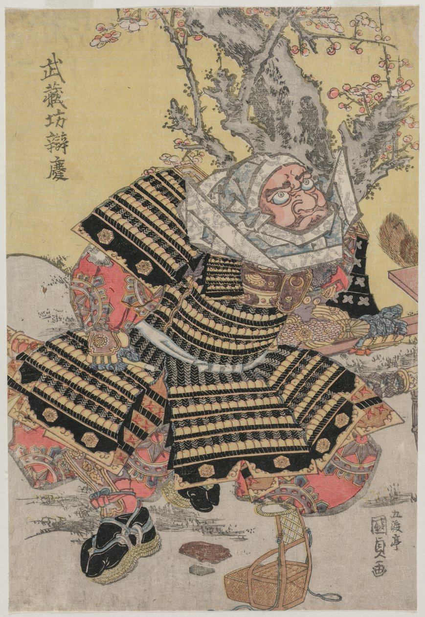 Musashibo Benkei in ginocchio vicino a un albero di prugne, c. metà o fine 1810 da Gototei Kunisada